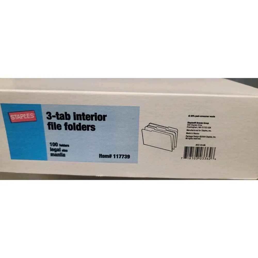 100 Staples 3-Tab Interior File Folder Legal Size Manilla New In Box!